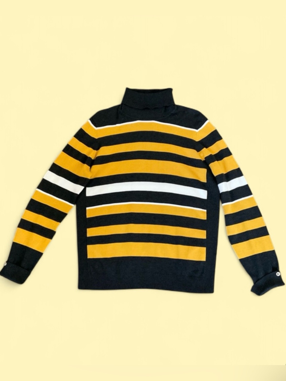 NWT~Yellow, Grey, & White Striped Turtleneck Long Sleeved Sweater, 1960’s Mod